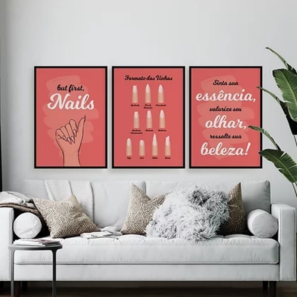 Kit 3 Quadros Para Salão Formato Das Unhas 45x34cm - Com Vidr