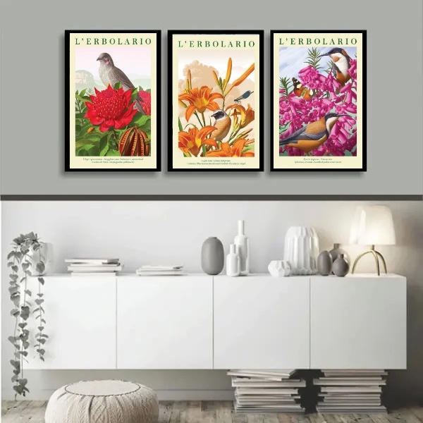 Kit 3 Quadros Passarinhos Flores Colorido 45x34cm - Com Vidro