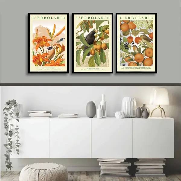 Kit 3 Quadros Passarinhos Flores E Frutos Laranja 45x34cm - C