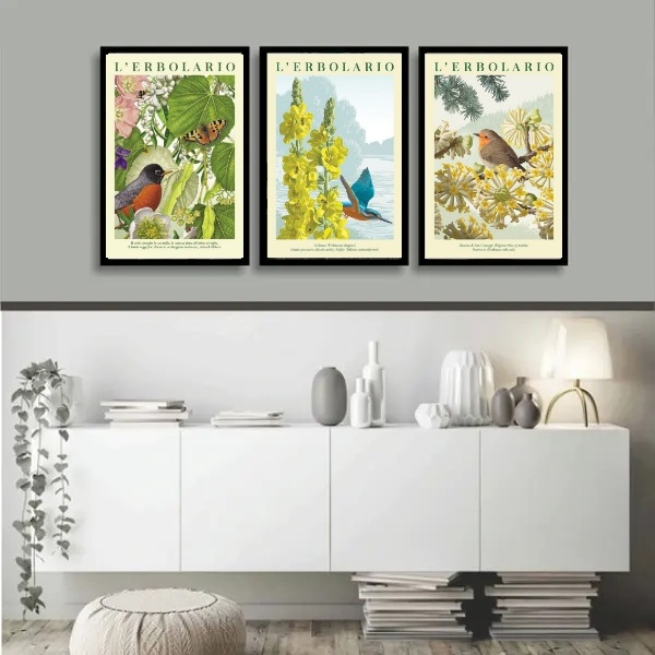 Kit 3 Quadros Passarinhos Flores Espécies 45x34cm - Com Vidro