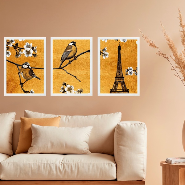 Kit 3 Quadros Passarinhos Paris Torre Eiffel 24x18cm - Com Vi