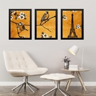 Kit 3 Quadros Passarinhos Paris Torre Eiffel 24x18cm Moldura