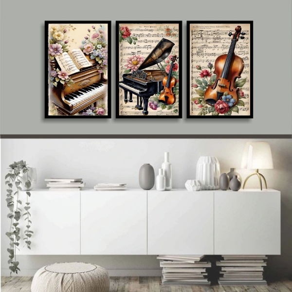 Kit 3 Quadros Piano E Violino Vintage - Flores 24x18cm - Com