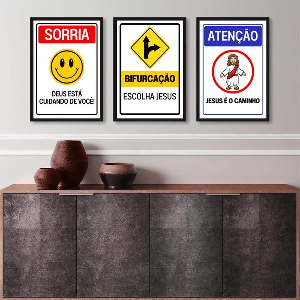 Kit 3 Quadros Placas Cristãs - Jesus 33x24cm Moldura:madeira
