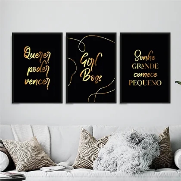 Kit 3 Quadros Poder Querer Vencer 45x34cm - Com Vidro Moldura