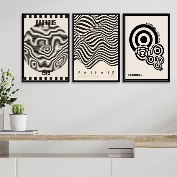 Kit 3 Quadros Posters Bauhaus - Preto E Branco 45x34cm - Com