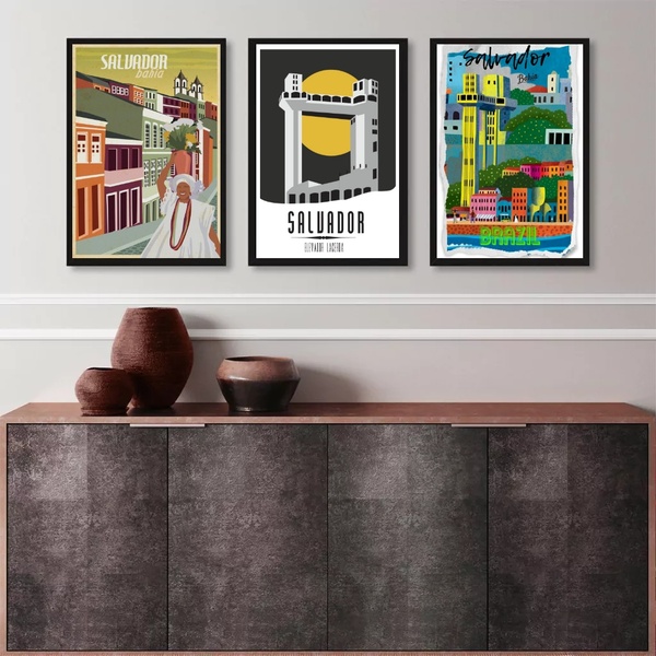 Kit 3 Quadros Posters Salvador Bahia 33x24cm Moldura:madeira