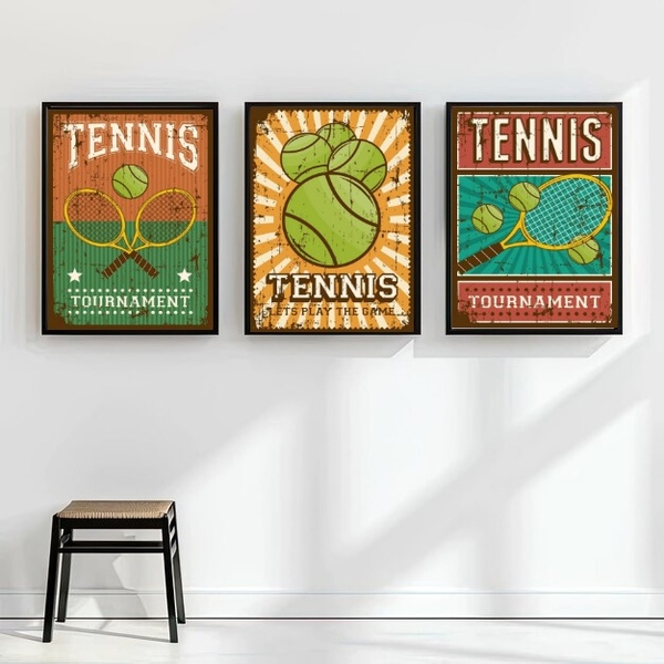 Kit 3 Quadros Posters Tennis Vintage 33x24cm - Com Vidro Mold