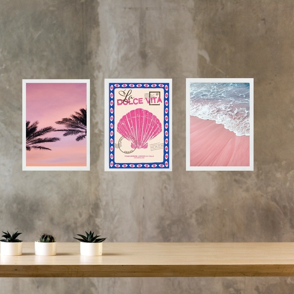 Kit 3 Quadros Praia Azul E Rosa - La Dolce Vita 24x18cm Moldu