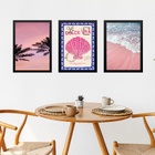 Kit 3 Quadros Praia Azul E Rosa - La Dolce Vita 45x34cm Moldu
