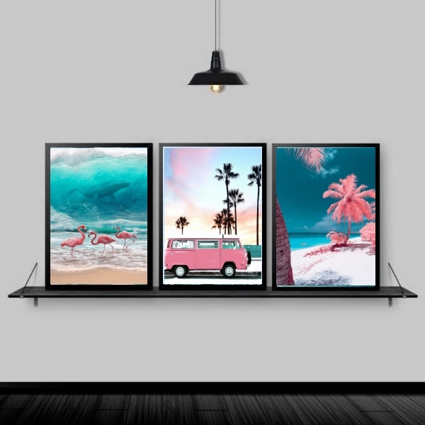 Kit 3 Quadros Praia Kombi Rosa 24x18cm - Com Vidro Moldura:ma