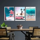 Kit 3 Quadros Praia Kombi Rosa 33x24cm - Com Vidro Moldura:ma