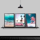Kit 3 Quadros Praia Kombi Rosa 45x34cm Moldura:madeira Preta