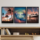 Kit 3 Quadros Praia Por Do Sol Carpe diem 33x24cm - Com Vidro