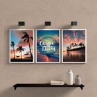 Kit 3 Quadros Praia Por Do Sol Carpe diem 45x34cm - Com Vidro