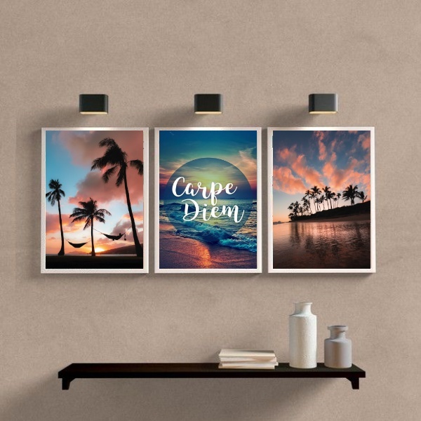 Kit 3 Quadros Praia Por Do Sol Carpe diem 45x34cm Moldura:mad