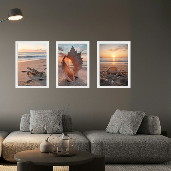 Kit 3 Quadros Praia Por Do Sol Conchas Tartaruga 33x24cm - Co