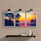 Kit 3 Quadros Praia Por Do Sol Palmeiras 24x18cm Moldura:made