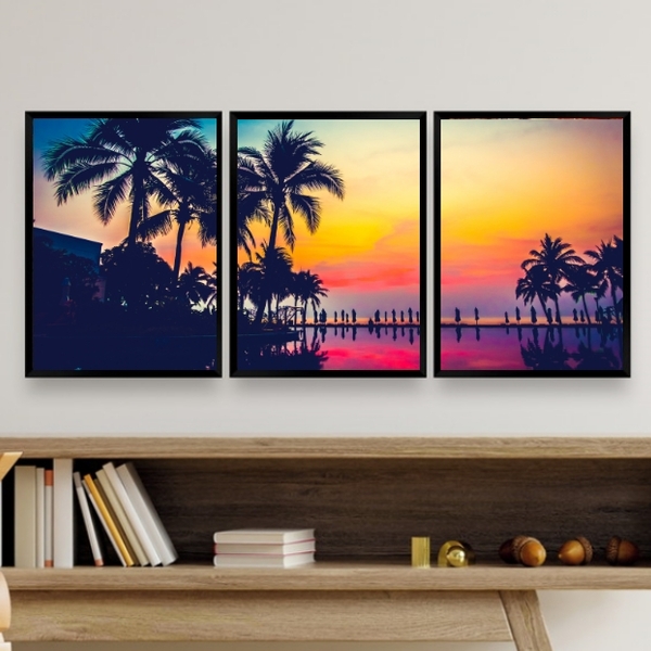 Kit 3 Quadros Praia Por Do Sol Palmeiras 45x34cm - Com Vidro