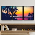 Kit 3 Quadros Praia Por Do Sol Palmeiras 45x34cm - Com Vidro