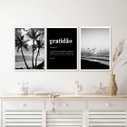 Kit 3 Quadros Praia Preto E Branco Gratidão Significado 33x24