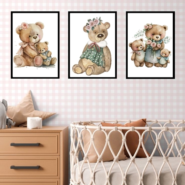 Kit 3 Quadros Quarto Bebê - Ursinha Vintage 45x34cm - Com Vid