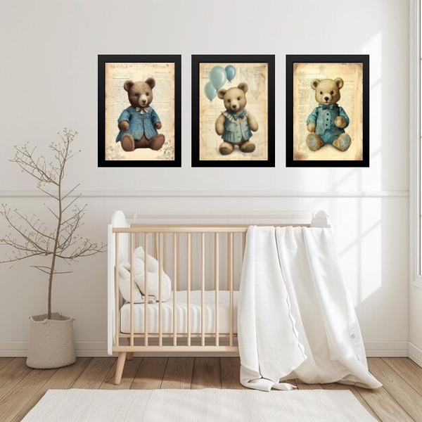 Kit 3 Quadros Quarto Bebê Ursos Vintage 45x34cm Moldura Branca