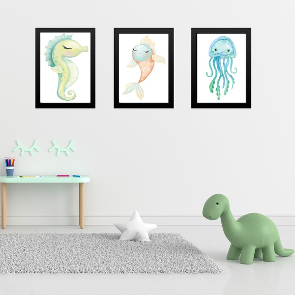 Kit 3 Quadros Quarto Infantil Animais Marinhos 24x18cm Moldur