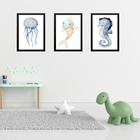 Kit 3 Quadros Quarto Infantil Fundo Do Mar 33x24cm - Com Vidr