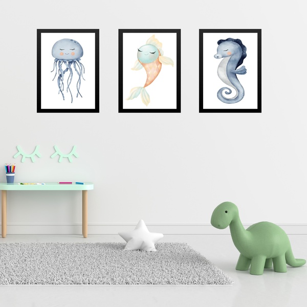 Kit 3 Quadros Quarto Infantil Fundo Do Mar 33x24cm - Com Vidr