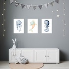 Kit 3 Quadros Quarto Infantil Fundo Do Mar 45x34cm - Com Vidr