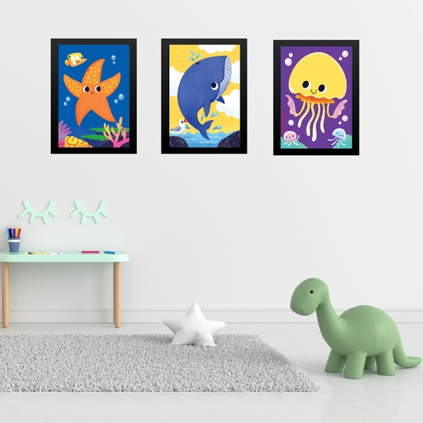 Kit 3 Quadros Quarto Infantil Tema Animais Marinhos 33x24cm M