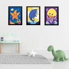 Kit 3 Quadros Quarto Infantil Tema Animais Marinhos 45x34cm -