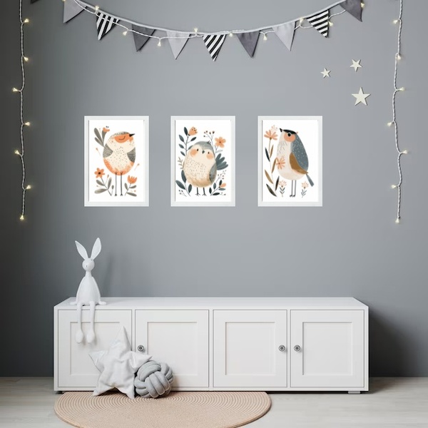 Kit 3 Quadros Quarto Infantil Tema Passarinhos 45x34cm Moldur