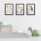 Kit 3 Quadros Quarto Infantil Tema Passarinhos 45x34cm Moldur
