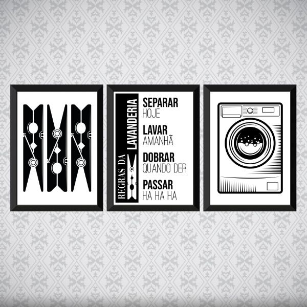 Kit 3 Quadros Regras Da Lavanderia Preto 33x24cm - Com Vidro