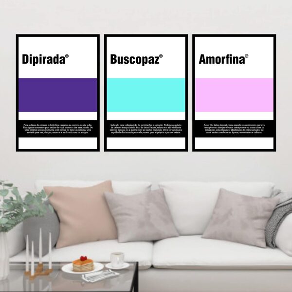 Kit 3 Quadros Remédios Genéricos 24x18cm Moldura:madeira Bran