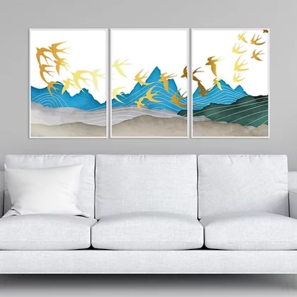 Kit 3 Quadros Revoada De Passarinhos 60x40cm Moldura:madeira