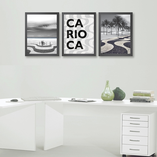 Kit 3 Quadros Rio De Janeiro - Copacabana 33x24cm - Com Vidro