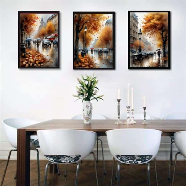 Kit 3 Quadros Românticos Cidade Europa 33x24cm - Com Vidro Mo