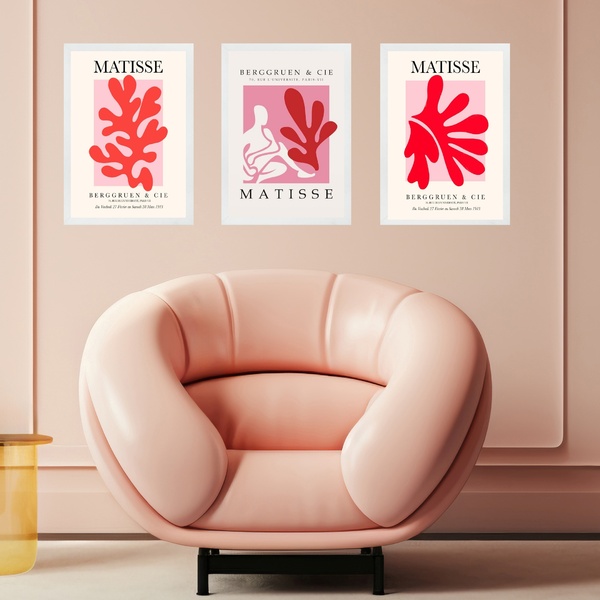 Kit 3 Quadros Rosa E Vermelho Matisse - Coral Mulher 24x18cm