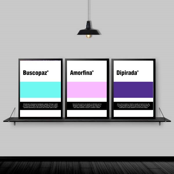 Kit 3 Quadros Rótulos Remédios Engraçados 45x34cm Moldura:mad