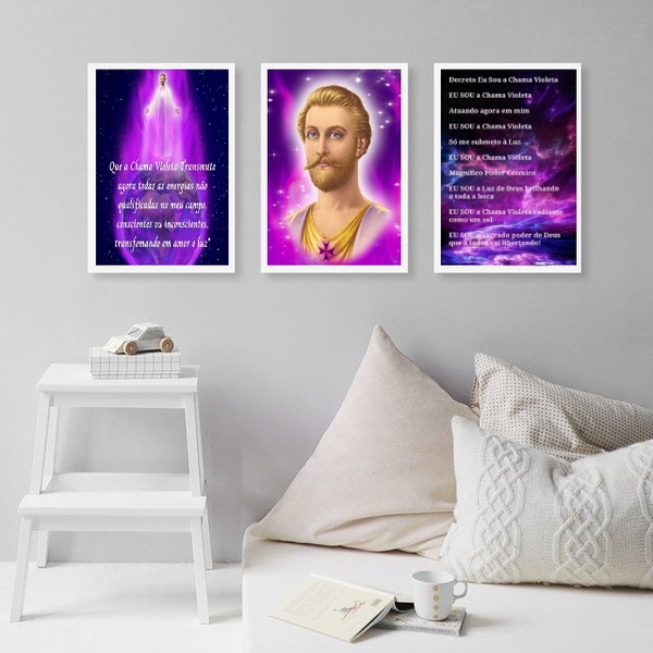 Kit 3 Quadros Saint Germain- Chama Violeta 24x18cm - Com Vidr
