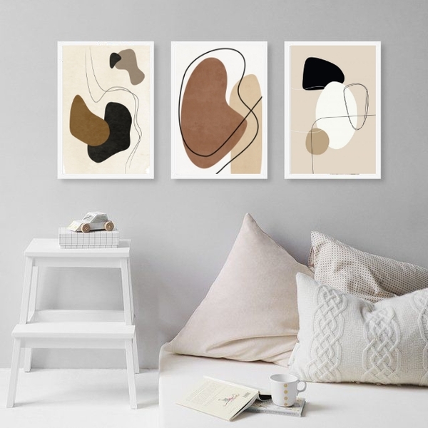 Kit 3 Quadros Sala Arte Abstrata- Cinza Marrom Preto 45x34cm