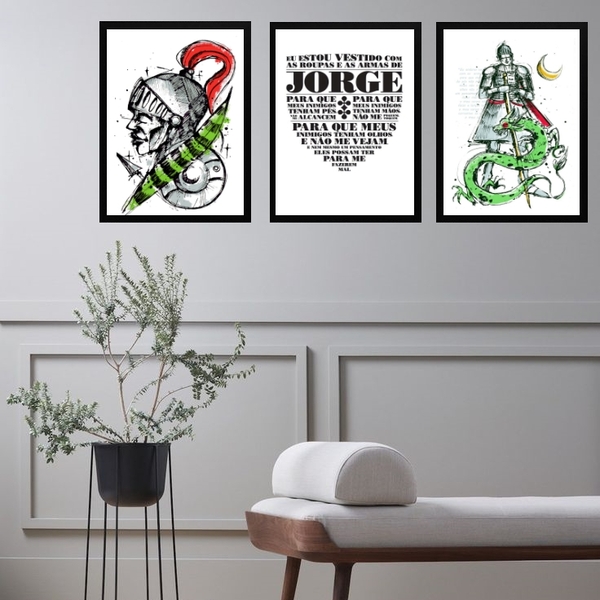 Kit 3 Quadros São Jorge Espada Oração 33x24cm - Com Vidro Mol
