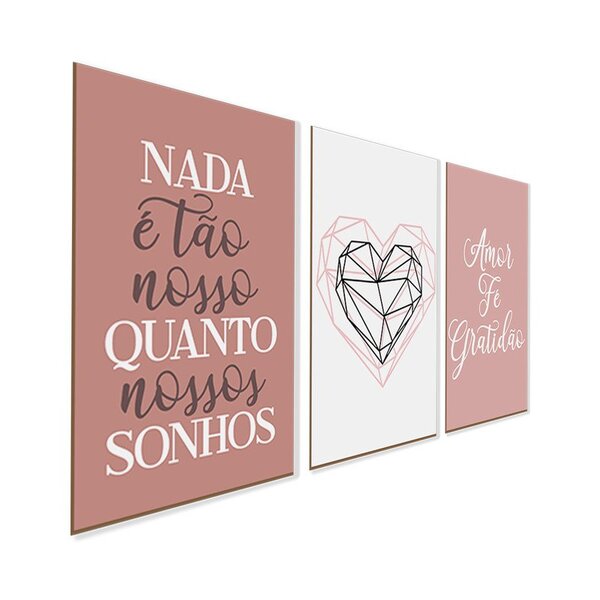 Kit 3 Quadros Sem Moldura Frases Amor Gratidão Quarto