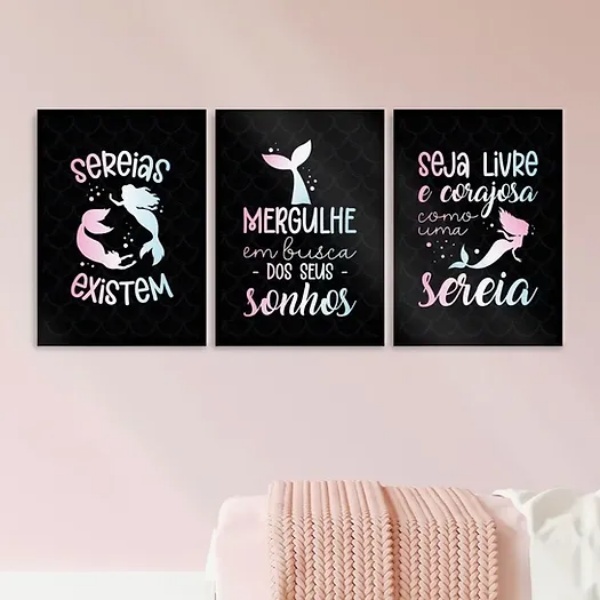 Kit 3 Quadros Sereias - Seja Livre E Corajosa 33x24cm Moldura