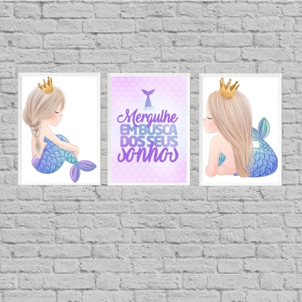 Kit 3 Quadros Sereinha Busque Seus Sonhos 24x18cm - Com Vidro