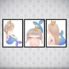 Kit 3 Quadros Sereinha Infantil Menina 45x34cm Moldura:madeir