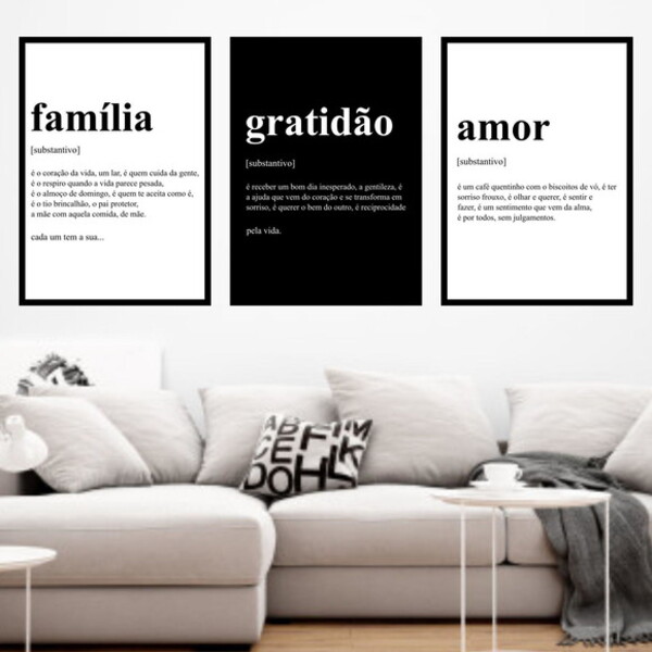 Kit 3 Quadros Significado Família E Amor 45x34cm - Com Vidro